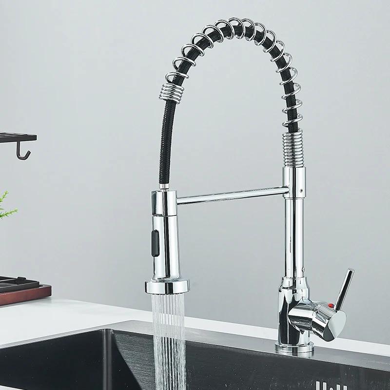 Spring Pull Down Kitchen Faucets, Stream Spray Head, Torneira de água quente e fria, Rotação de aço inoxidável, Mixer Tap Crane, Novo - Image 1