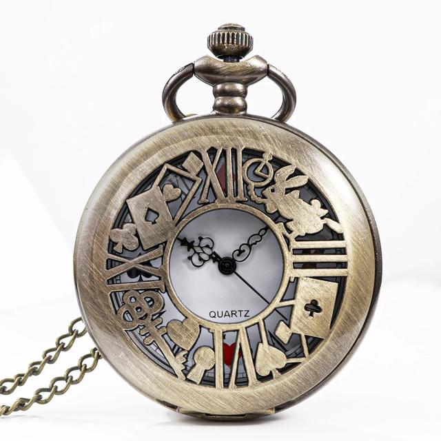 Relógio de Bolso Quartzo Bronze Tema Alice Retro Unissex 4.5cm