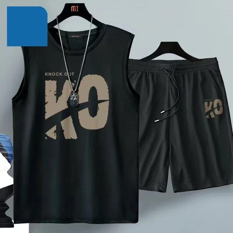 Fato de basquete Harajuku respirável masculino, camiseta e shorts de manga curta, roupa esportiva de duas peças, roupa de verão, moda casual, 2024 - Image 1